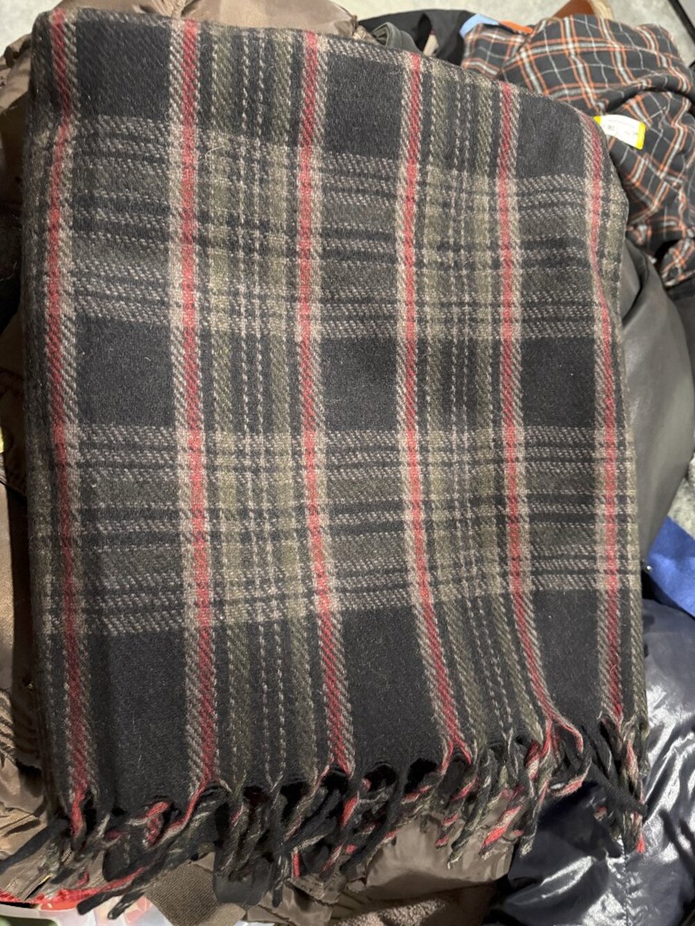 Bronte by Moon Pure New Wool Plaid Throw Blanket 58X70" Charcoal, Gray, & Red